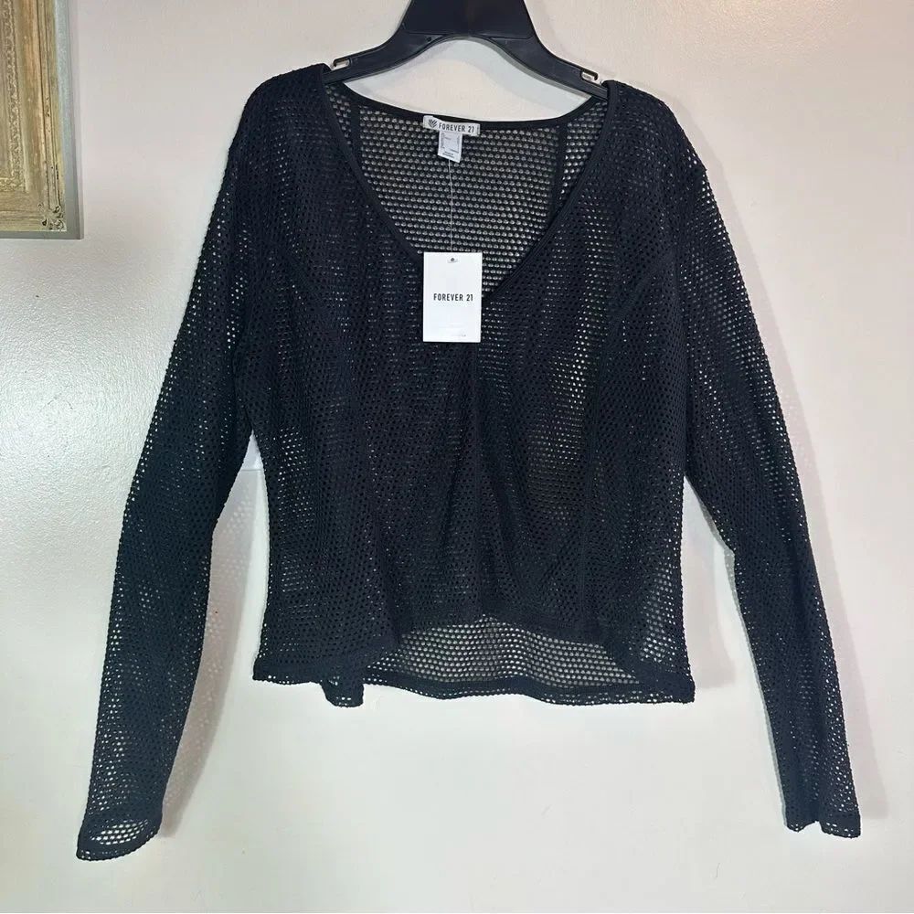 Forever 21 Black Mesh Long Sleeve Blouse